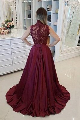 Burgundy High Neck Applique Prom Dress UKes UK Sleeveless Beads Elegant Evening Dress UKes UK with Sash_3