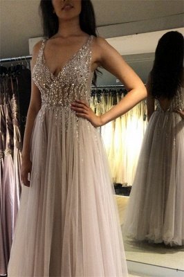 Elegant V-Neck Crystal Open Back Prom Dress UKes UK Tulle Sexy Sleeveless Evening Dress UKes UK_2
