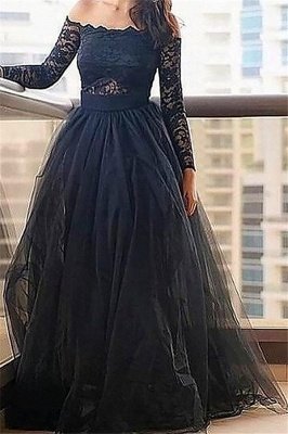 Black Long Sleeves Lace Bateau Prom Dress UKes UK Tulle Sexy Evening Dress UKes UK with Sash_2