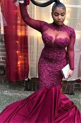 Trendy Burgundy Maroon High-Neck with Sleeves Sheer-Tulle Applique Prom Dress UK UK_1