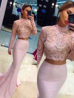 Sexy High Neck Lace Appliques Long Sleeves Prom Dress UKes UK Mermaid Pink Lace Two Piece Evening Dress UKes UK_2
