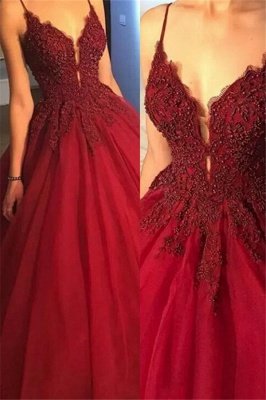 Sexy Spaghetti Strap Beads Prom Dress UKes UK Red Lace Ball Gown Elegant Evening Dress UKes UK_1