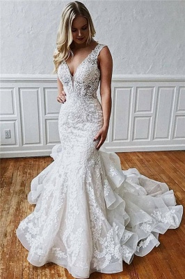 Lace V-Neck  Sexy Mermaid Wedding Dresses UK | Sheer Ruffles Sleeveless Backless Floral Bridal Gowns_1