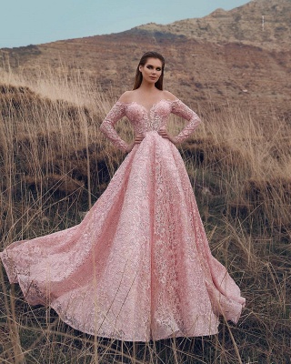 Sexy Pink Off-The-Shoulder with Sleeves Lace Applique Princess A-Line Prom Dress UK UKes UK_2