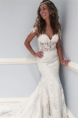 Lace V-Neck Wedding Dresses UK | Ruffles Sheer Cap Sleeve Floral Bridal Gowns_1