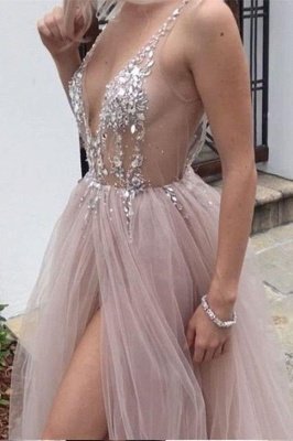 Pink Elegant V-Neck Lace Appliques Crystal Prom Dress UKes UK Sheer Side slit Backless Sleeveless Evening Dress UKes UK_3