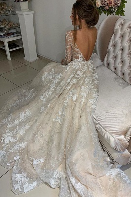 Elegant Lace Appliques V-Neck Wedding Dresses UK | Sheer Long Sleeves Backless Floral Bridal Gowns_3