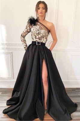 Elegant Blcak Asymmetric Side-Slit Feather Lace Applique Prom Dress UK_1