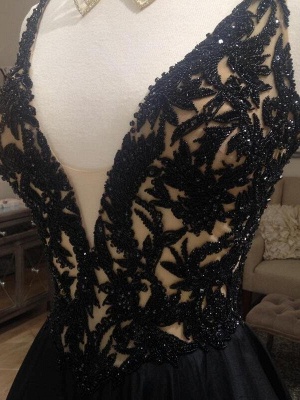 Black Lace Elegant V-Neck Sleeveless Prom Dress UKes UK Open Back Evening Dress UKes UK with Beads_5