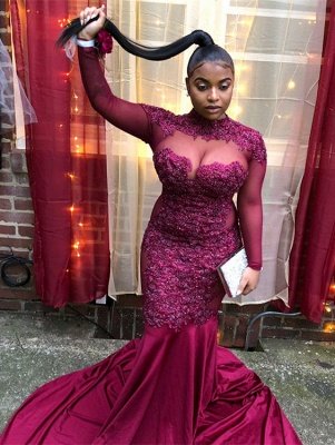 Trendy Burgundy Maroon High-Neck with Sleeves Sheer-Tulle Applique Prom Dress UK UK_4