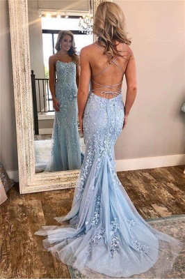 Sexy Lace Appliques Spaghetti Strap Prom Dress UKes UK Lace Up Mermaid Sleeveless Evening Dress UKes UK_1
