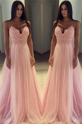 Pink Spaghetti Strap Applique Prom Dress UKes UK Sleeveless Tulle Sexy Elegant Evening Dress UKes UK_1