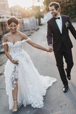 Flowers Off-the-Shoulder Wedding Dresses UK | Appliques Sheer Sleeveless Floral Bridal Gowns_3