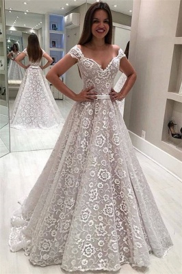 Gorgeous Lace Off-the-Shoulder Wedding Dresses UK Ruffles Pearls Sleeveless Floral Bridal Gowns_1