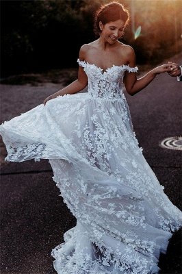 Flowers Off-the-Shoulder Wedding Dresses UK | Appliques Sheer Sleeveless Floral Bridal Gowns_2