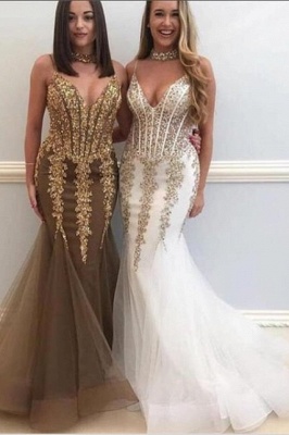 Sweetheart Spaghetti Golden Lace Appliques Tulle Elegant Mermaid Prom Dress UK UKes UK_2