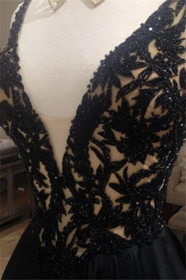 Black Lace Elegant V-Neck Sleeveless Prom Dress UKes UK Open Back Evening Dress UKes UK with Beads_6