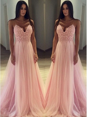 Pink Spaghetti Strap Applique Prom Dress UKes UK Sleeveless Tulle Sexy Elegant Evening Dress UKes UK_2