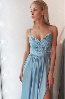 Lace Appliques Crystal Spaghetti-Strap Prom Dress UKes UK Side slit Sleeveless Evening Dress UKes UK_1