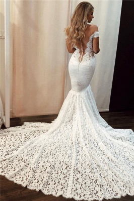 Lace Off-the-Shoulder Wedding Dresses UK Sexy Mermaid Sleeveless Floral Bridal Gowns_2