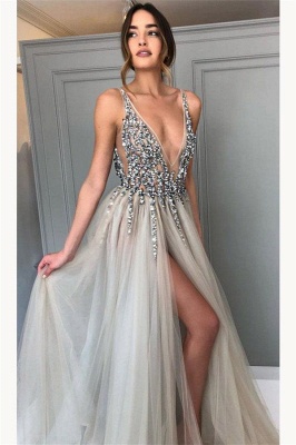 Sexy Crystal Elegant V-Neck Prom Dress UKes UK Side slit Sheer Sleeveless Evening Dress UKes UK_1