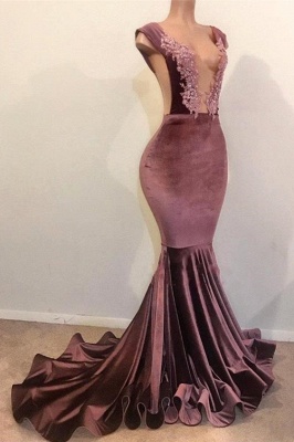 Elegant Mermaid without Sleeve Floor Length Lace Appliques Velvet Prom Dress UK UKes UK_2