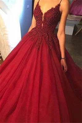 Sexy Spaghetti Strap Beads Prom Dress UKes UK Red Lace Ball Gown Elegant Evening Dress UKes UK_3