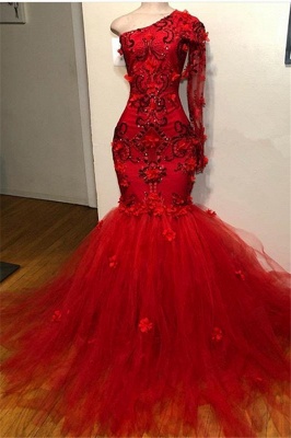 Simple Red Asymmetric with Sleeves Lace Appliques Elegant Mermaid Prom Dress UK UK_1