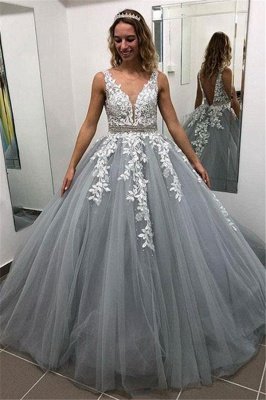 Elegant Crystal Apppliques Simple Ball Gown Prom Dresses | A-Line Sleeveless Backless Evening Dresses_1