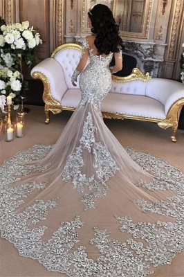 Silver Glamorous Lace Long-Sleeve Sexy Mermaid High-Neck Wedding Dresses UK BH-362_4