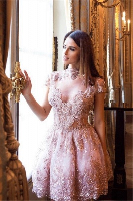 Occasion Lace Sexy Short Special Pink Long-Sleeve High-Neck Homecoming Dress UKes UK BA7055_5