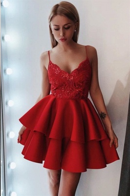 Chic Lace Spaghetti Straps Red Homecoming Dresses | Sleeveless Short Evening Dress UK_1