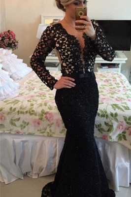 V-neck Black Lace Mermaid Prom Dress UK Long Sleeve BA2186_2