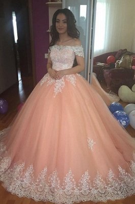 Timeless Off-the-Shoulder Appliques Ball Gown Tulle Sweep Train Prom Dress UKes UK UK_2