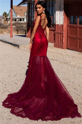 Burgundy Evening Gowns Cheap | Straps Appliques Tulle Mermaid Prom Dresses UK_2