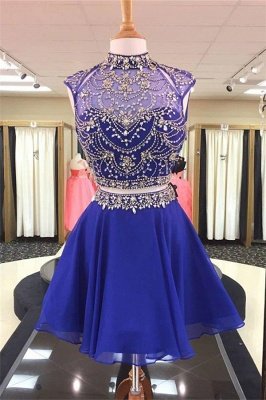 See Through Two Piece Crystals Homecoming Dresses | High Neck Beading Short Evening Dress_1