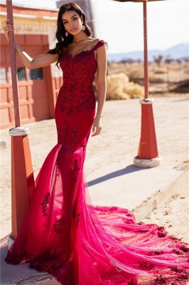 Burgundy Evening Gowns Cheap | Straps Appliques Tulle Mermaid Prom Dresses UK_5