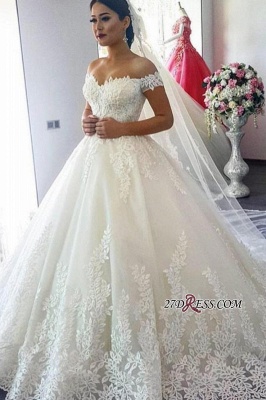 Short Sleeve A-Line Applique Lace Off-the-Shoulder Wedding Dress_1