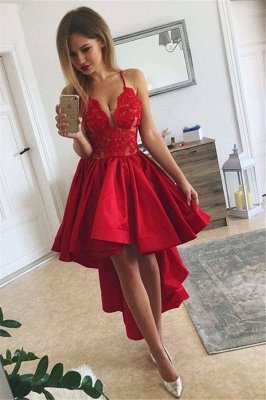 Cute Red High-low A-line Lace V-neck Homecoming Dress UK BA6902_2
