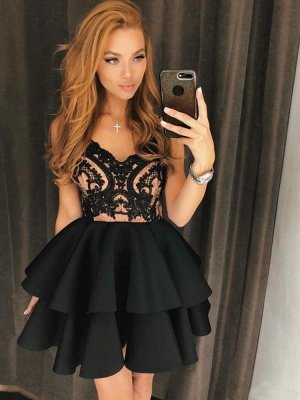 Black Straps A-Line Lace Homecoming Dress_1