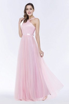Amazing Halter Pink Tulle Bridesmaid Dress with Belt_6