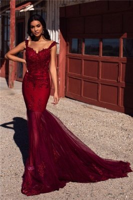 Burgundy Evening Gowns Cheap | Straps Appliques Tulle Mermaid Prom Dresses UK_4