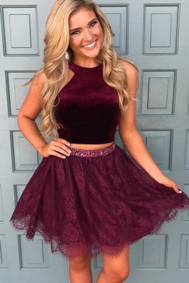 Beautiful Two Pieces Burgundy Lace Homecoming Dress UK Short With Sequins BA7014_2