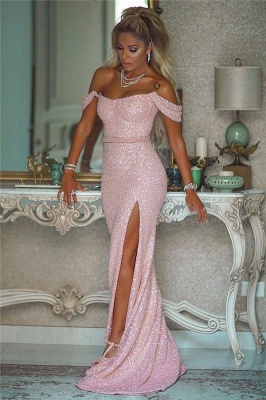 Sexy Off The Shoulder Front Slit Prom Dresses UK | Sparkling Beadded Evening Dress_1