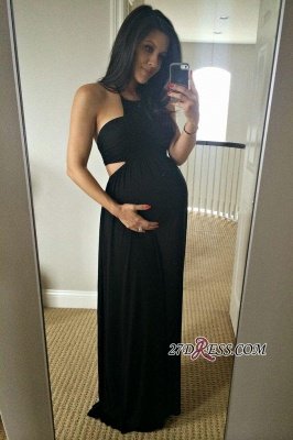 Long Black Sleeveless Elegant Halter Maternity A-line Prom Dress UK_1