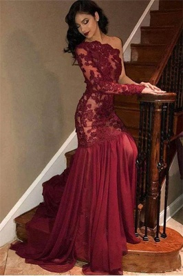 Sexy Tulle Lace One Shoulder Prom Dresses | Long Sleeve Burgundy Evening Dress UK_1