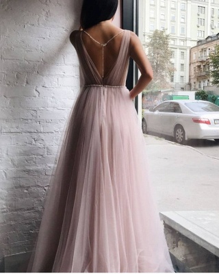 Tulle V-Neck Open Back Formal Dresses UK | Beaded Chains Sexy Evening Dress_3