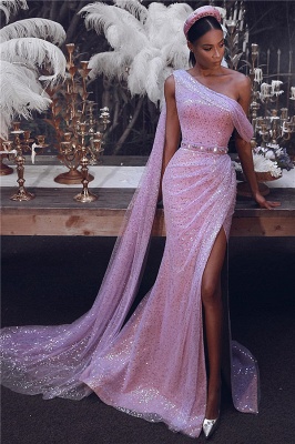 Sparkling Sequins One Shoulder Prom Dresses | Sexy Slit Long Train Evening Dress UK_1