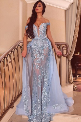 Sexy Tulle Deep V-Neck Cheap Prom Dress | Off The Shoulder Appliques Evening Dress_1