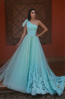 Gorgeous Green Tulle One Shoulder Prom Dresses | Lace Appliques Evening Dresses_1